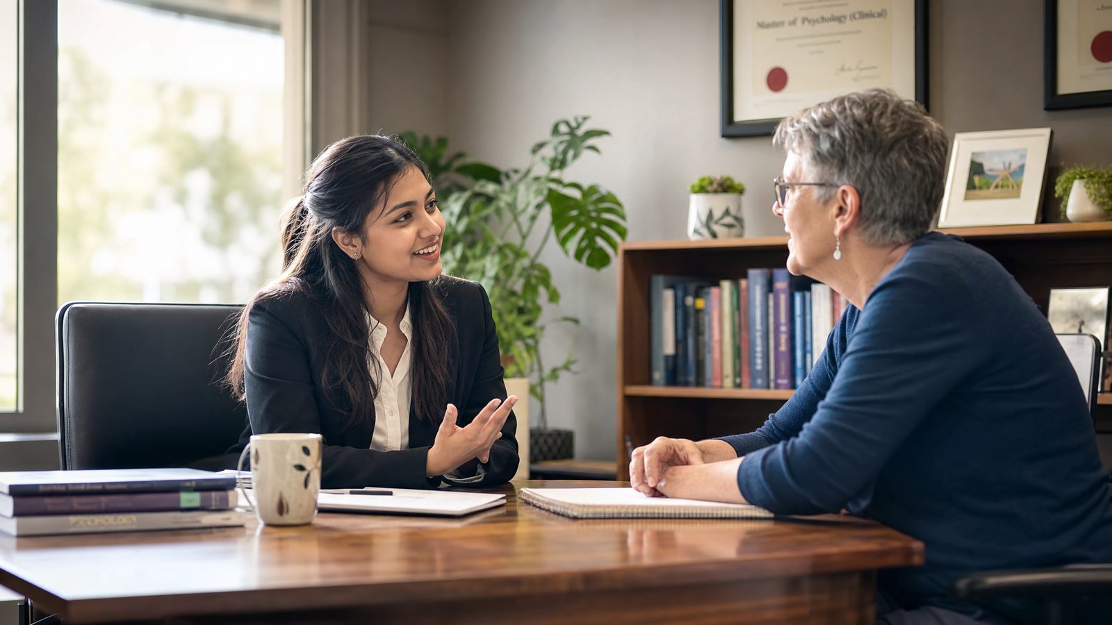 An international psychology graduate in a professional conversation with an experienced clinical supervisor in an office